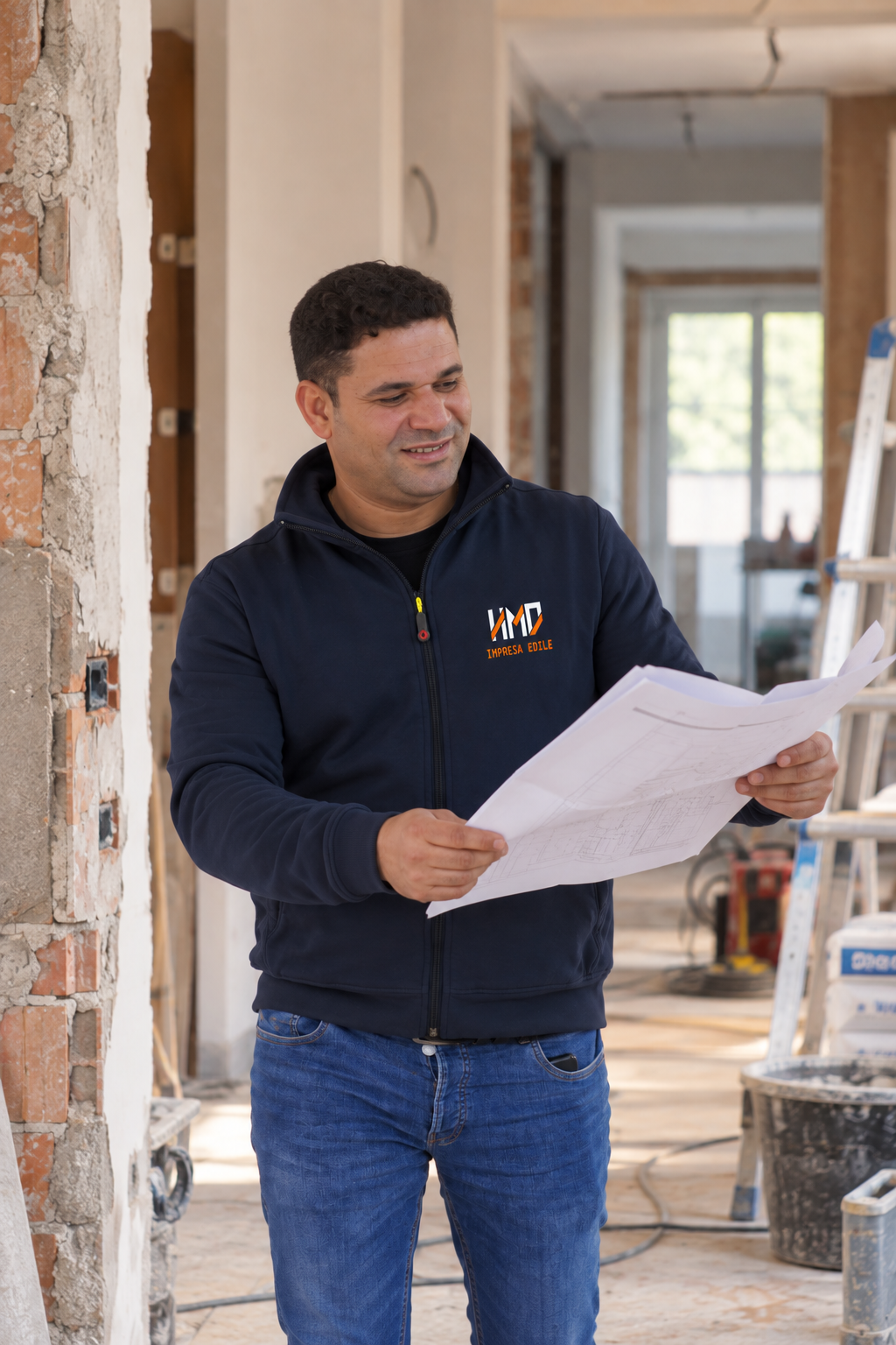 Ahmed mentre consulta il progetto in cantiere